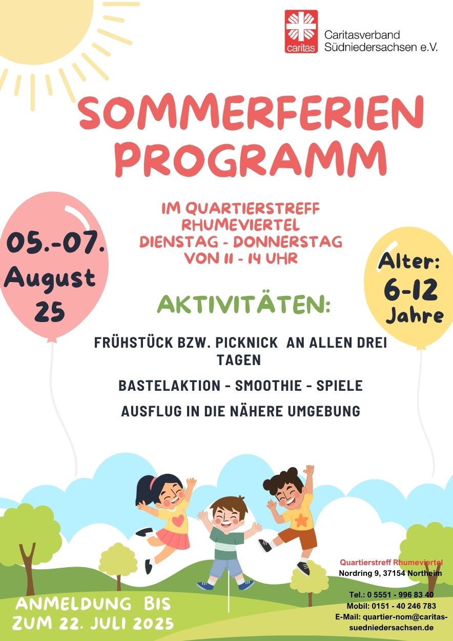 Plakat Sommerferienprogramm Quartierstreff Rhumeviertel in Northeim 2025
